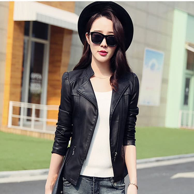 2023 Spring/Autumn Women's Short PU Leather Jacket, Black Slim Fit Motorcycle Style Coat for Ladies
