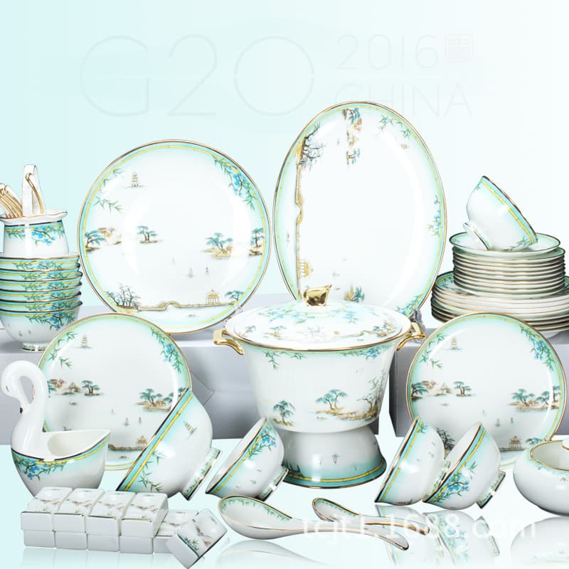 Jingdezhen Ceramic Tableware G20 Special Tableware Hangzhou West Lake Feast High-End Bone China 60-Piece Tableware Set