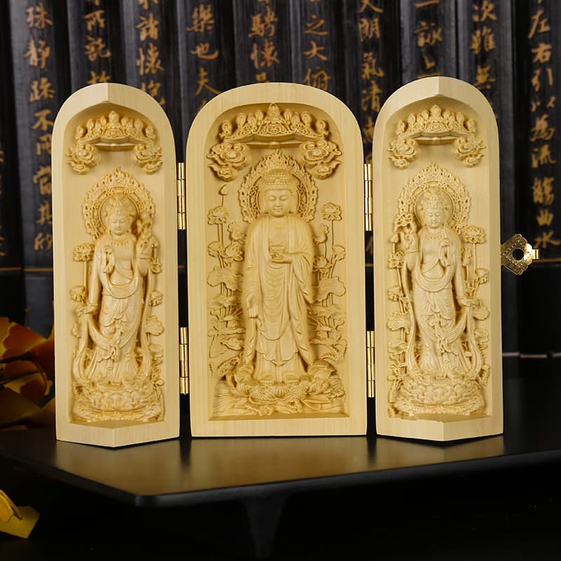 Manufacturer wholesale boxwood Buddha statue ornaments three-open box Western three saints wooden crafts gifts one piece drop shipping