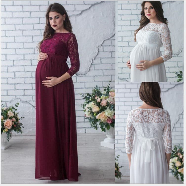 AliExpress Europe and America Long Sleeve Lace Patchwork Pregnant Women Sexy Loose Trailing Long Dress 8965 Maternity Dress