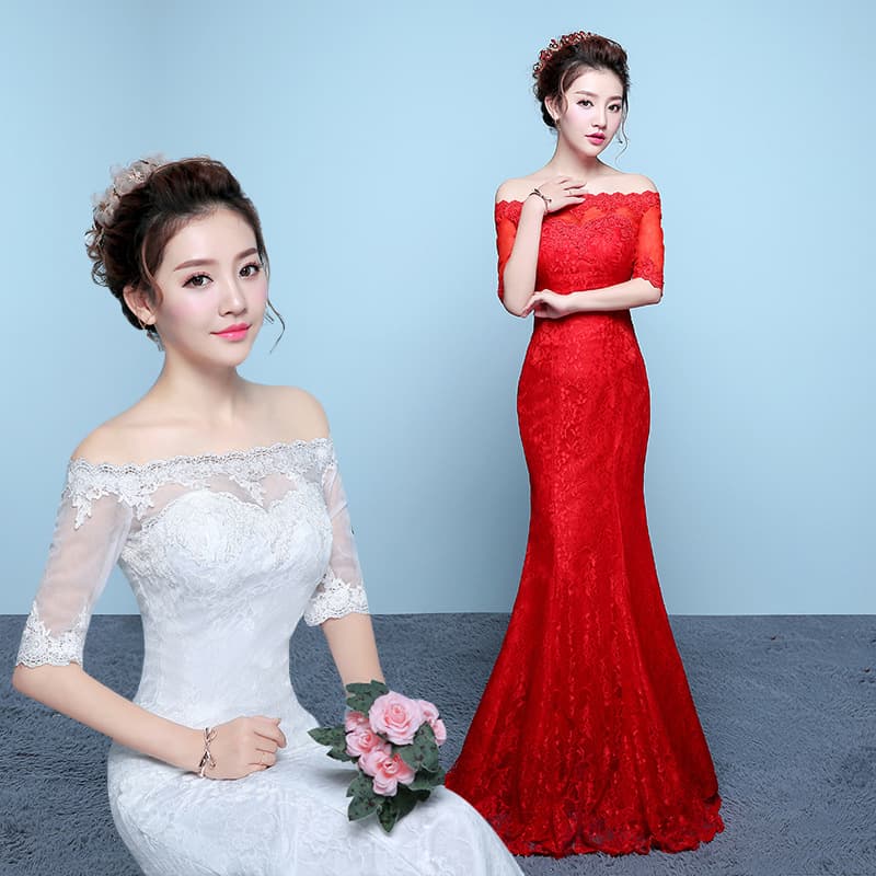 Red wedding dress bride slimming plus size fishtail waisted fishtail wedding dress floor-length one-shoulder slim Korean style