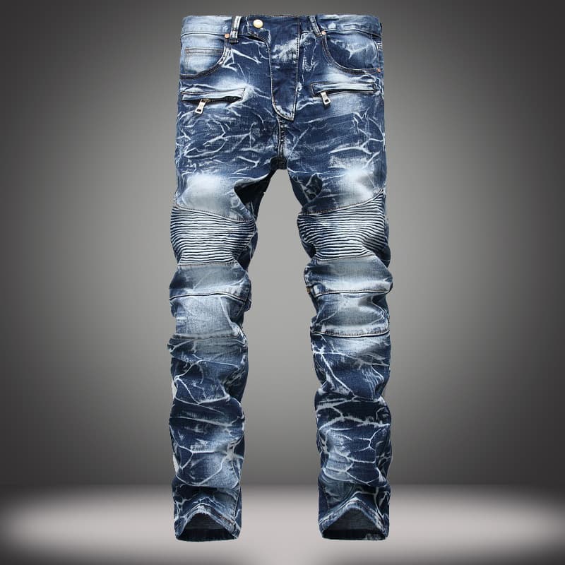Cross-border supply of European and American men's jeans, foreign trade vintage motorcycle jeans, straight-leg trendy men's personalized long pants