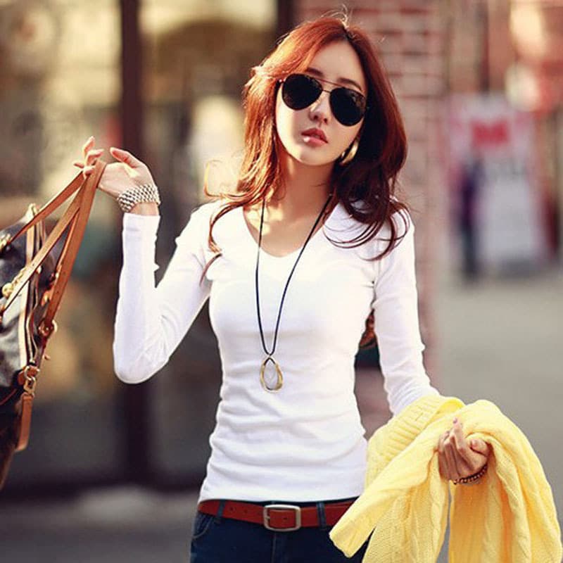 Autumn/Winter Long-Sleeve T-Shirt for Women, Solid Color Base Layer, Fashionable and Versatile Milk Silk Women's T-Shirt