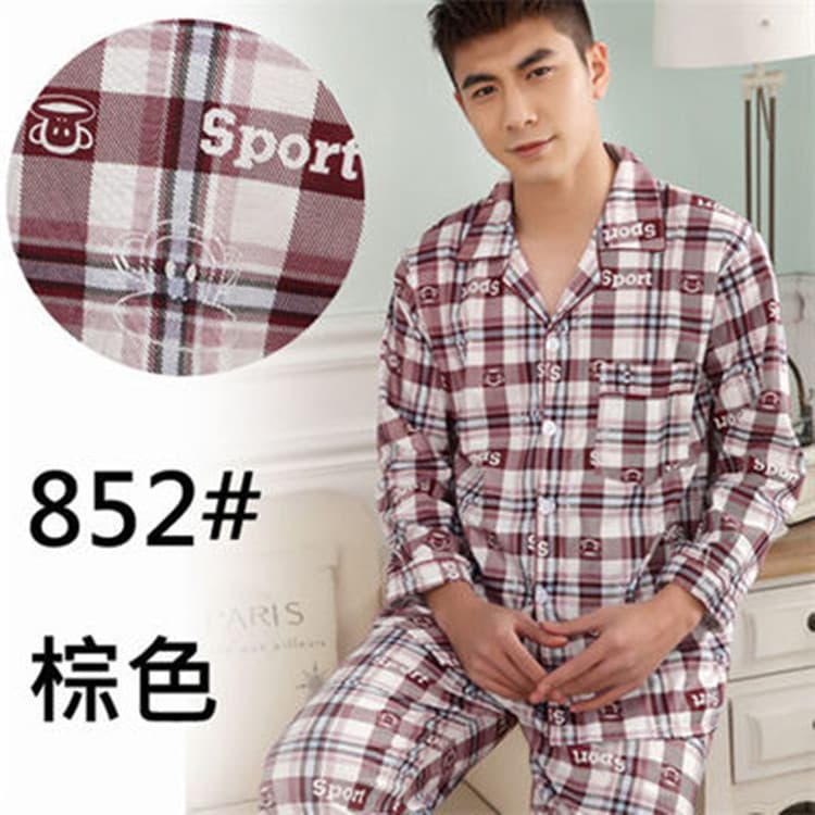 Men's Spring/Autumn Long-Sleeve Pure Cotton Casual Pajama Set, Full Cotton, Plus Size, Plaid Simple Style