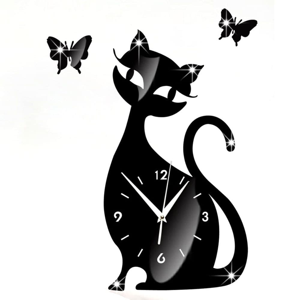 2017 New DIY Mirror Wall Clock Bedroom Living Room Silent Clock Cartoon Cute Black Cat Wall Sticker Clock