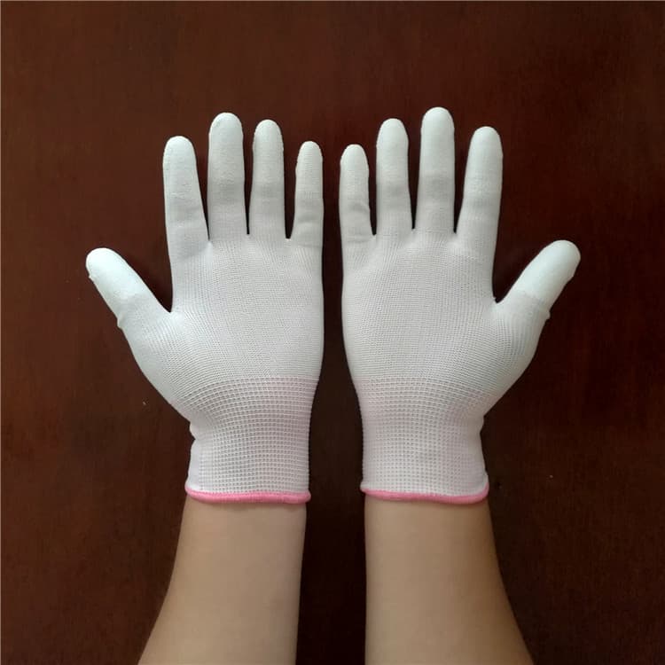 White anti-static finger-coated PU gloves with dipped fingers and non-slip nylon 13-gauge coating for electronics