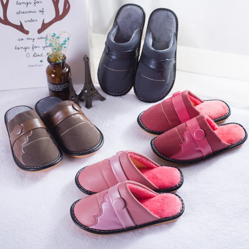 Custom Material Replaceable Home Slippers Winter Non-Slip Silent Cotton Slippers Cowhide Sole Leather Slippers Factory Direct