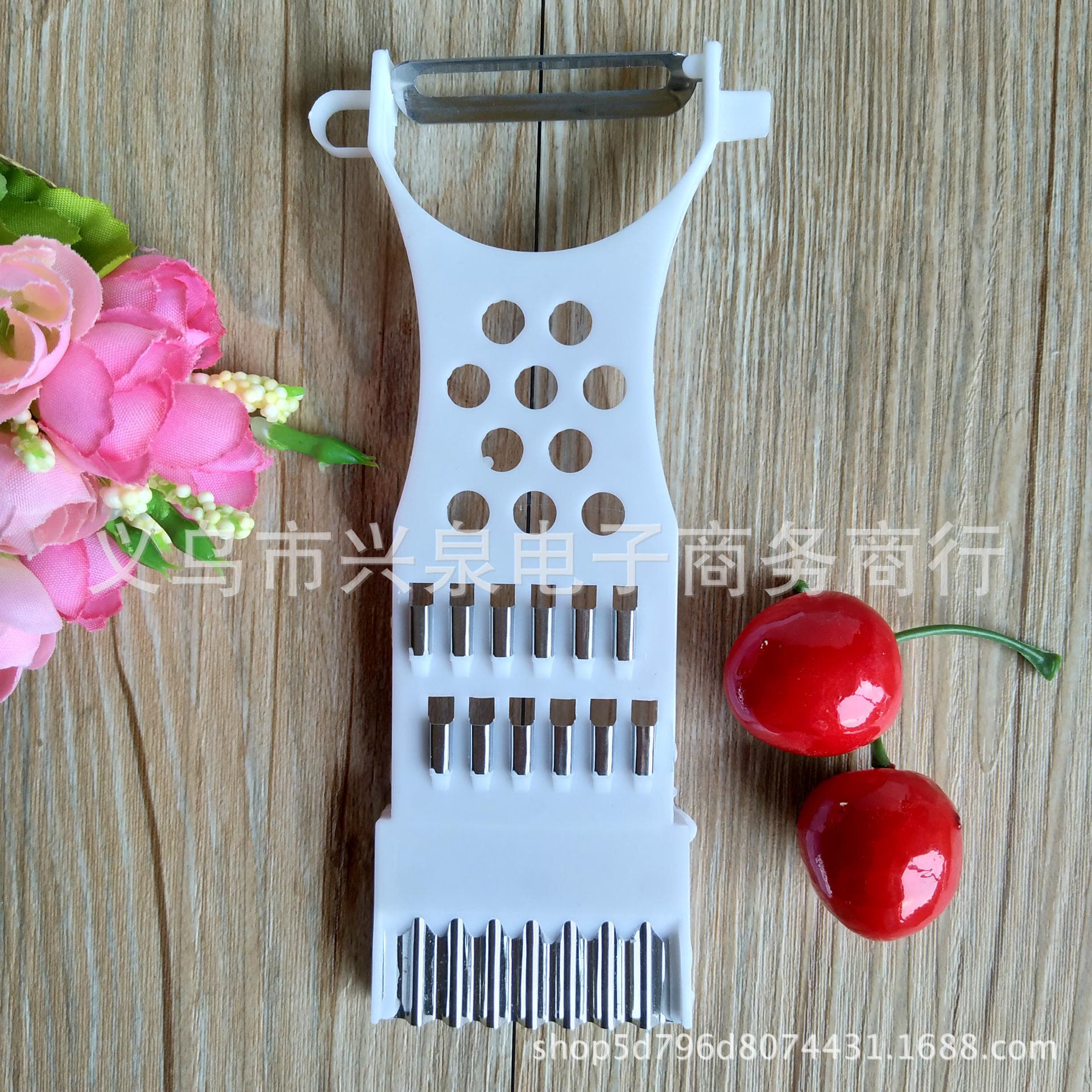 Multi-functional vegetable cutter for home use, fruit and vegetable peeler, shredder, and grater.