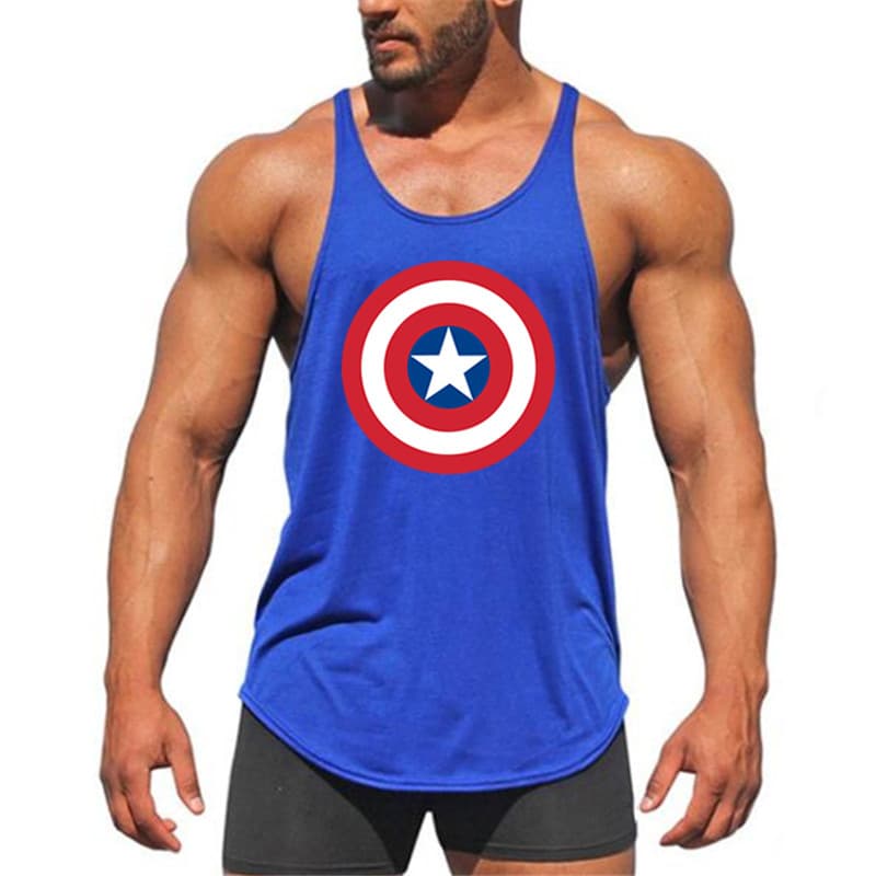 US Plus Size Captain America Gym Tank Top Men Shield Print Curved Hem Cotton Muscle Vest