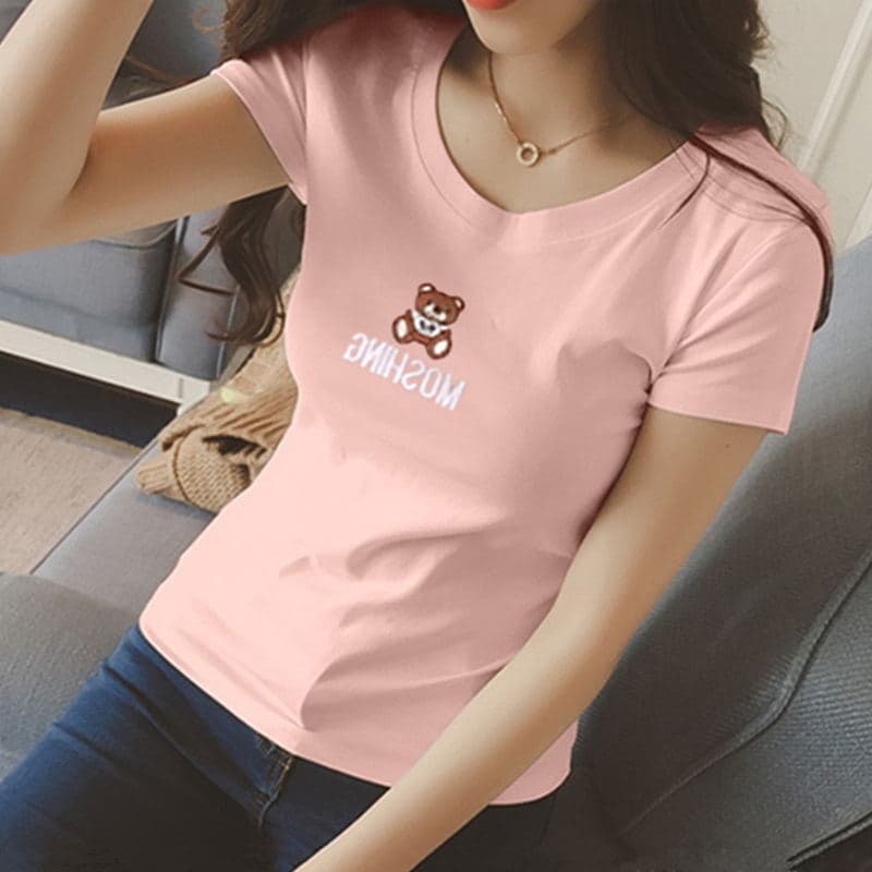 Short Sleeve Round Neck T-Shirt Women's Slim Fit Embroidered Letter Body Conscious Top Versatile Base Layer Shirt