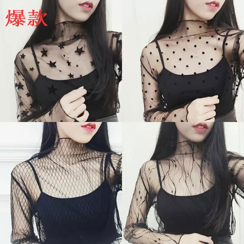 Spring/summer new lace mesh sheer base layer, youthful inner wear, versatile Korean style sexy long-sleeve top, mesh shirt.