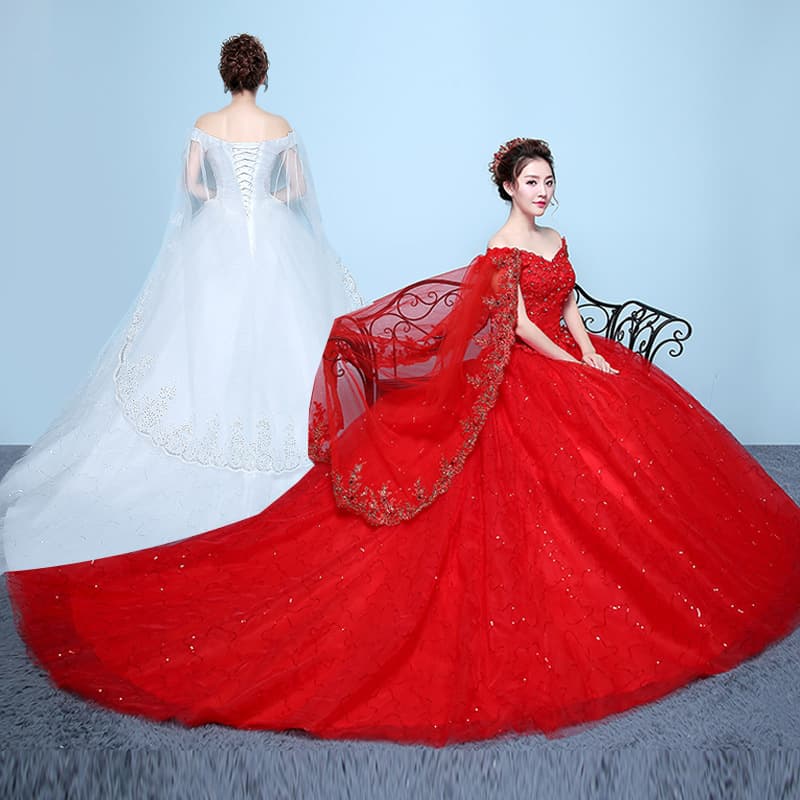 Red Wedding Dress 2026 New Style Sweep Train One-Shoulder Wedding Gown Vintage Simple European Wedding Slim Fit Huqiu