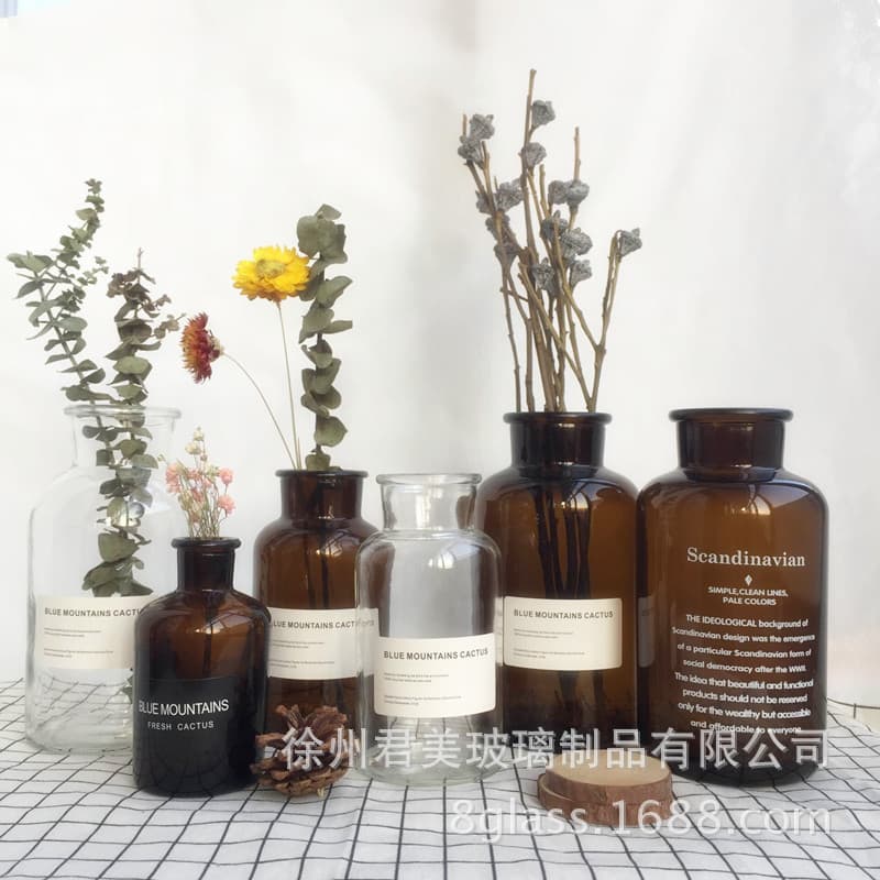 Nordic Small Brown Bottle Ins Style Transparent Brown Living Room Decorative Flower Vase Ornament Water Culture Glass Vase