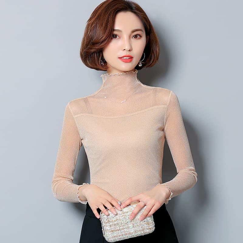 2020 Spring and Summer Tops T-shirt Women's Fungus High Collar Mesh Bottoming Shirt Gold and Silver Thread Slim Fit Large Size Long Sleeve