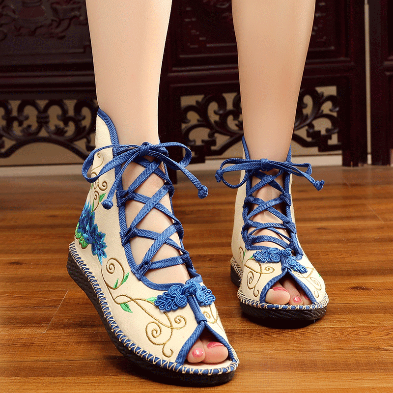 Old Beijing cloth shoes summer new sandals flat-heel fish mouth sandals retro women's shoes