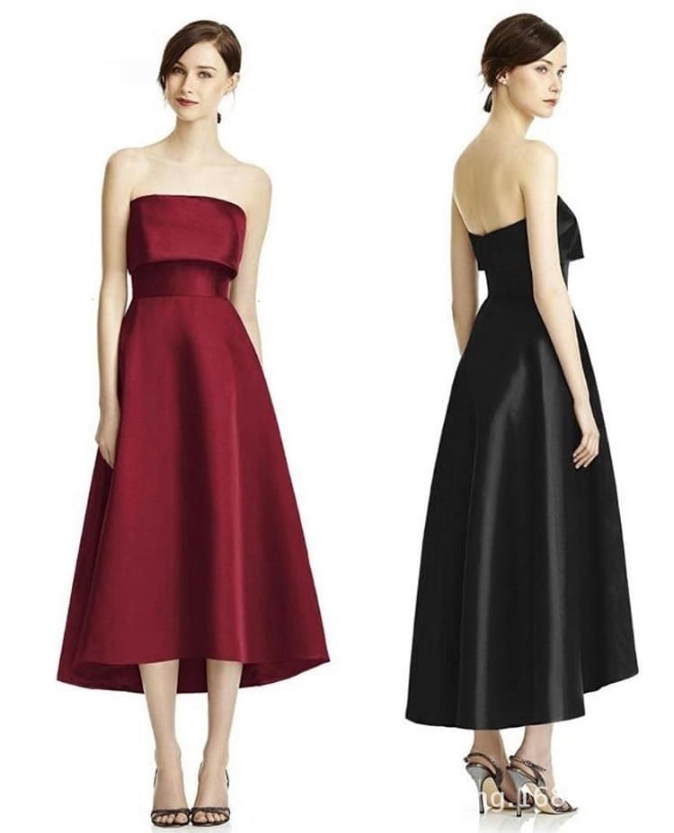 2025 New Satin Evening Dress Medium Length Black Banquet Gown Strapless Cocktail Party Performance Dress Wine Red