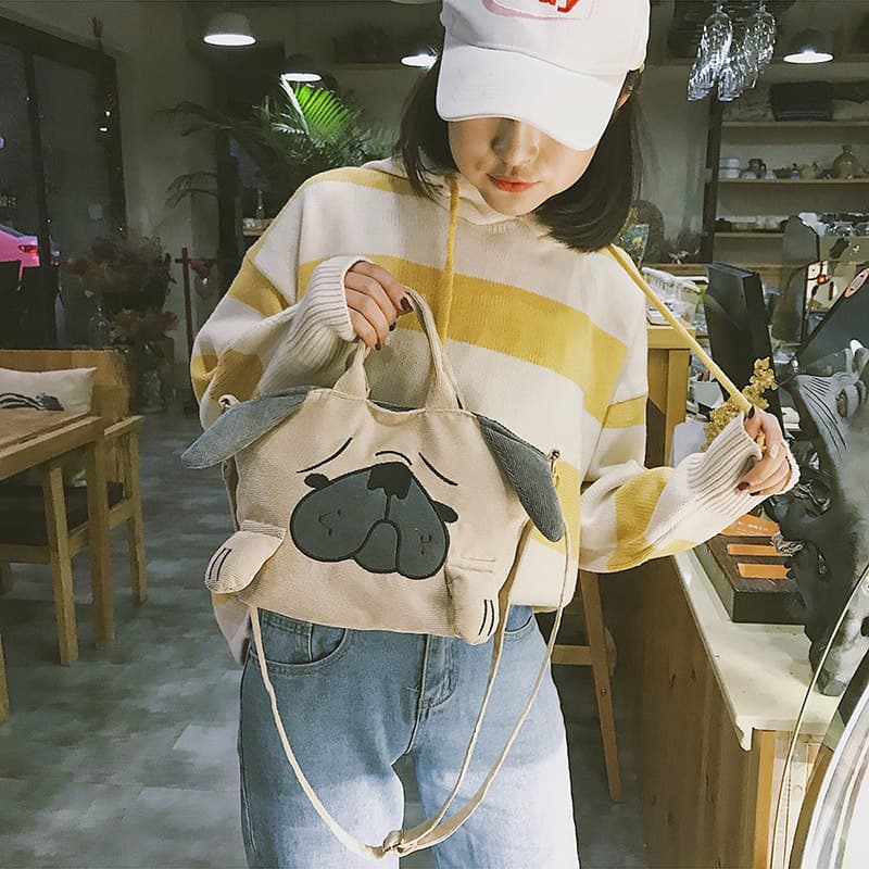 Japanese-style cute personality corduroy silly happy dog single-shoulder crossbody small bag, quirky animal women's bag, soft girl small bag