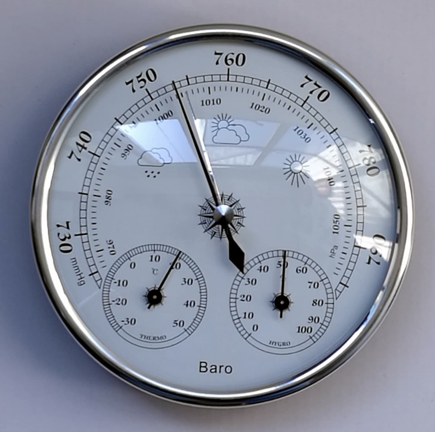 THB9392S-12.8CM Silver Ring White Face 3-in-1 Weather Station (Thermometer, Hygrometer, Barometer)