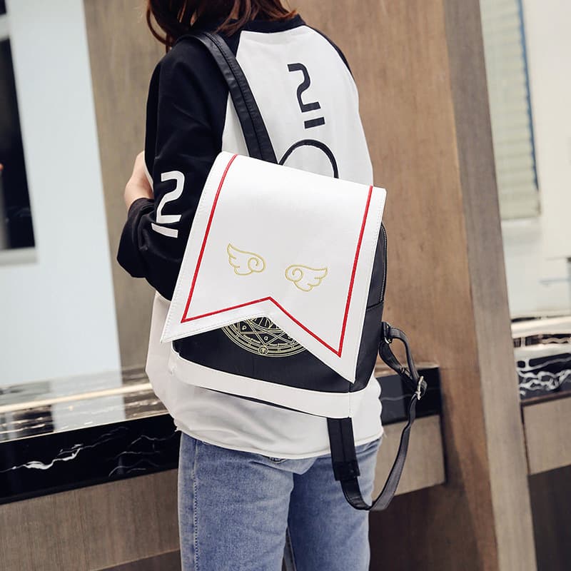 Japanese style new cute embroidered wings Sakura magic PU backpack anime cartoon backpack student schoolbag.