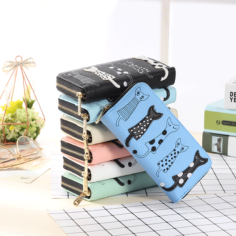 Wallet Clutch Hot Style European and American Five Cats Cute Cartoon Embroidery Thread Ladies Zipper Long Wallet Wholesale