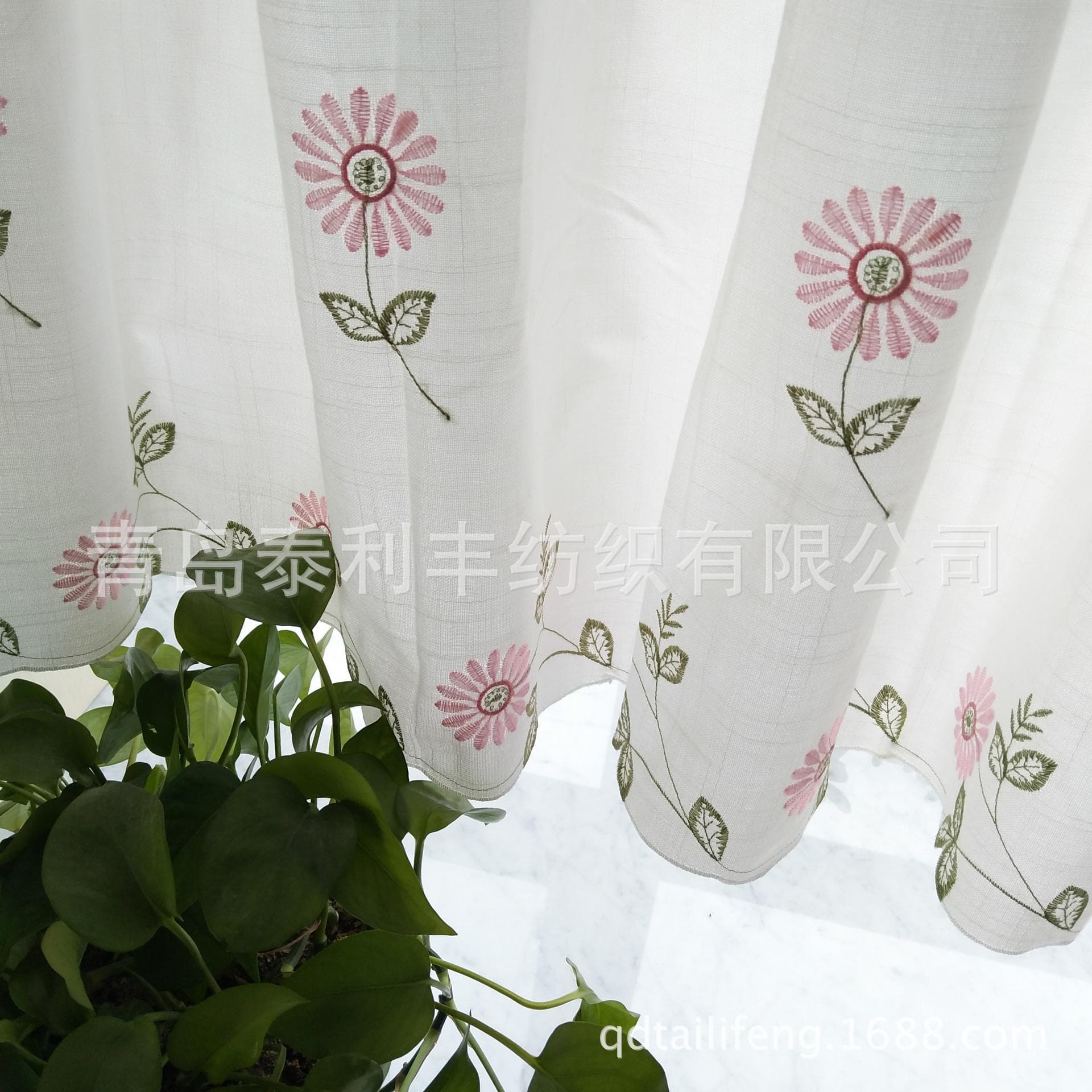 Small Bamboo Joint Fabric Pink Daisy Coffee Curtain Kitchen Half Curtain Computer Embroidery Curtain Window Sheer Rustic Style