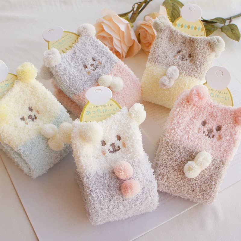 Coral Fleece Socks Japanese Cute Bear Terry Socks Autumn Winter Warm Women's Socks Soft Sleep Socks Floor Socks
