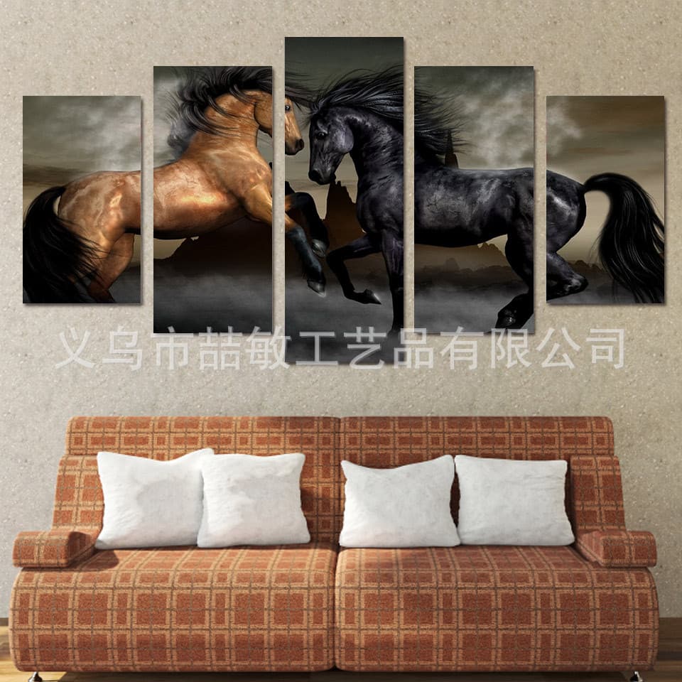 Zhemin Modern Living Room Home Bedroom Decor Canvas High-Definition Oil Painting Five-Panel Black Brown Horse, Supply Source