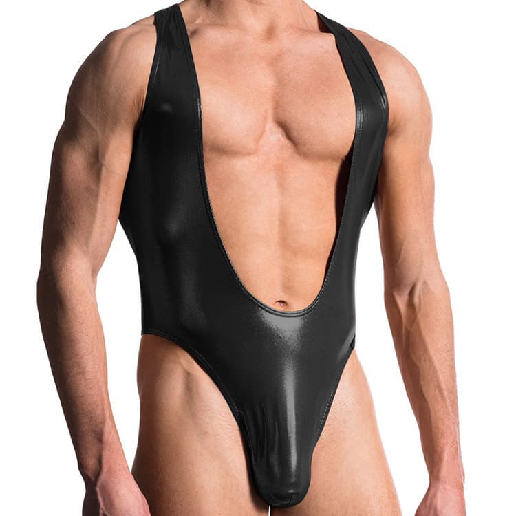 Supply European and American foreign trade sexy underwear men's imitation leather breastless jumpsuit sexy nightclub stage ds performance clothing