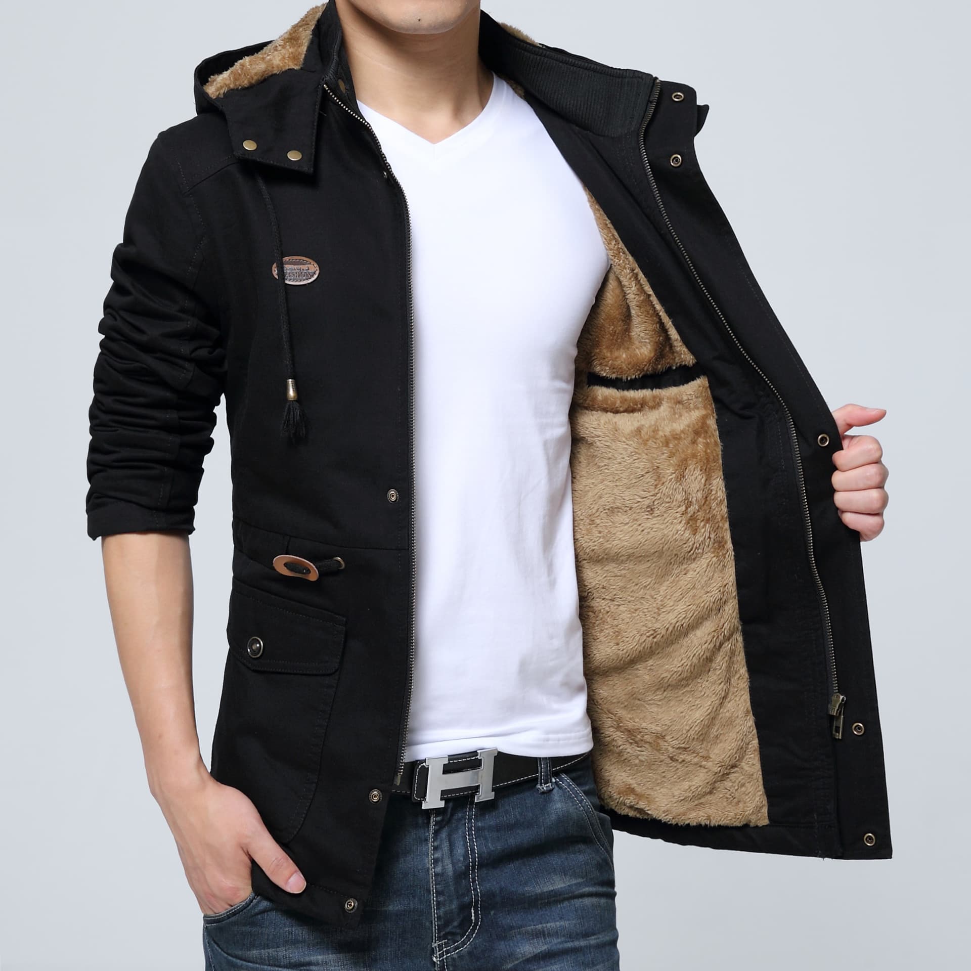 Cross-border trade men's autumn and winter new style men's fleece-lined business trench coat plus size mid-length coat pure cotton jacket trendy