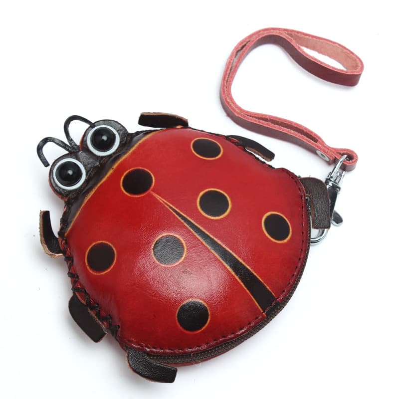 Handmade Leather Animal Coin Purse Fashionable Cute Handheld Coin Wallet Women's Bag Cartoon Ladybug Card Holder Short Hard Leather