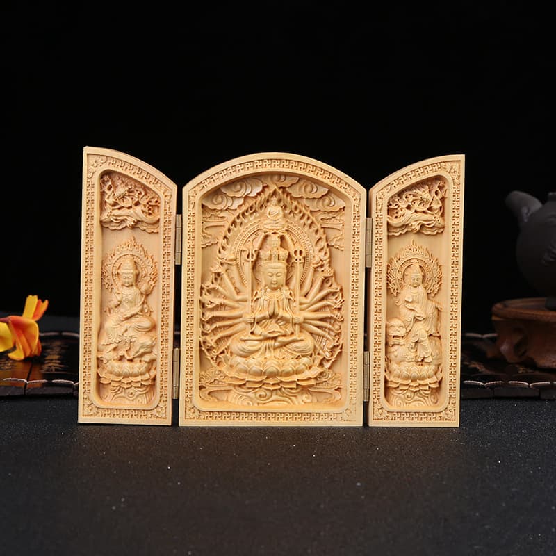 Manufacturers wholesale boxwood carvings, three-open Buddha statues, Thousand-Hand Guanyin Buddha statues, wooden craft gifts, home decorations