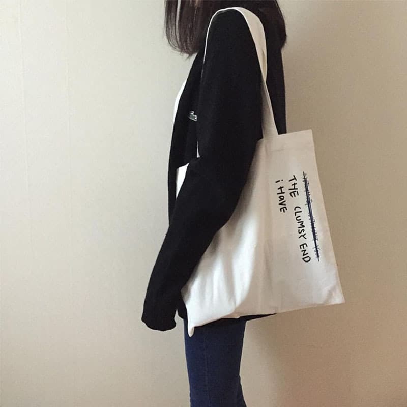 Simple Canvas Tote Bag Artistic Summer Women's Shoulder Bag Fresh Sweet Style Printed Soft Handle Zipper Closure Medium Size