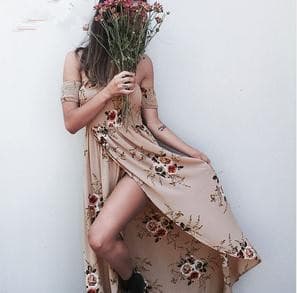 2017 spring and summer AliExpress European and American hot-selling women's one-piece neckline floral slit beach skirt dress