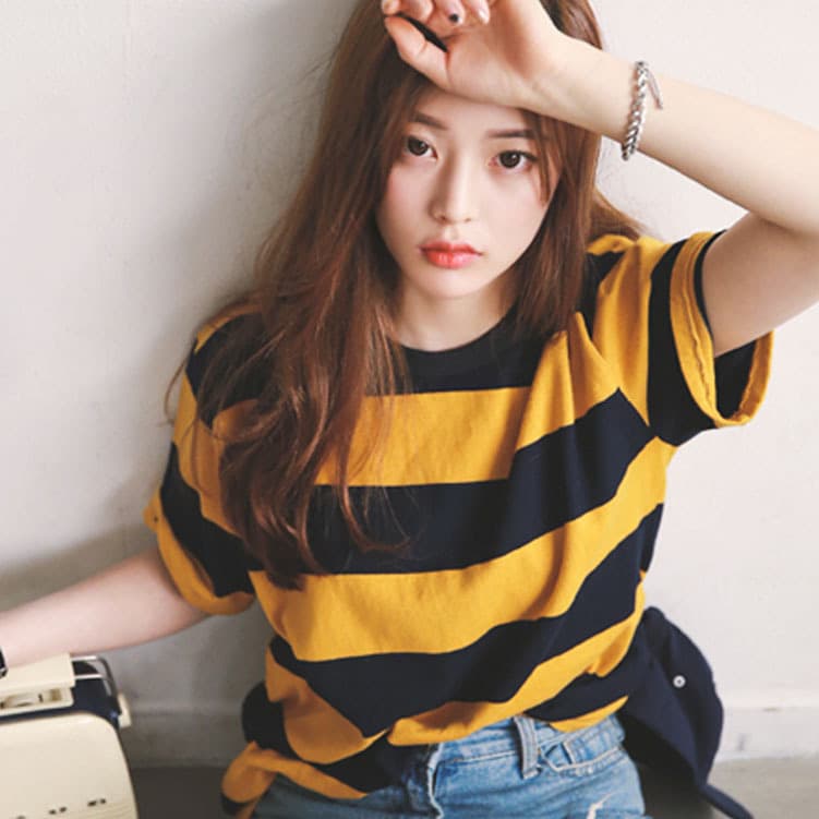 2020 Korean Style Striped Short Sleeve T-Shirt for Women, Loose Fit Spring and Summer Women's Base Layer, Slimming Short Sleeve Top
