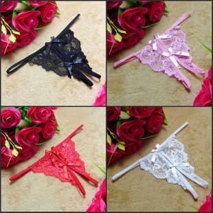 Erotic lingerie crotch seductive sexy lace women's erotic panties bow open-crotch T-back thong wholesale