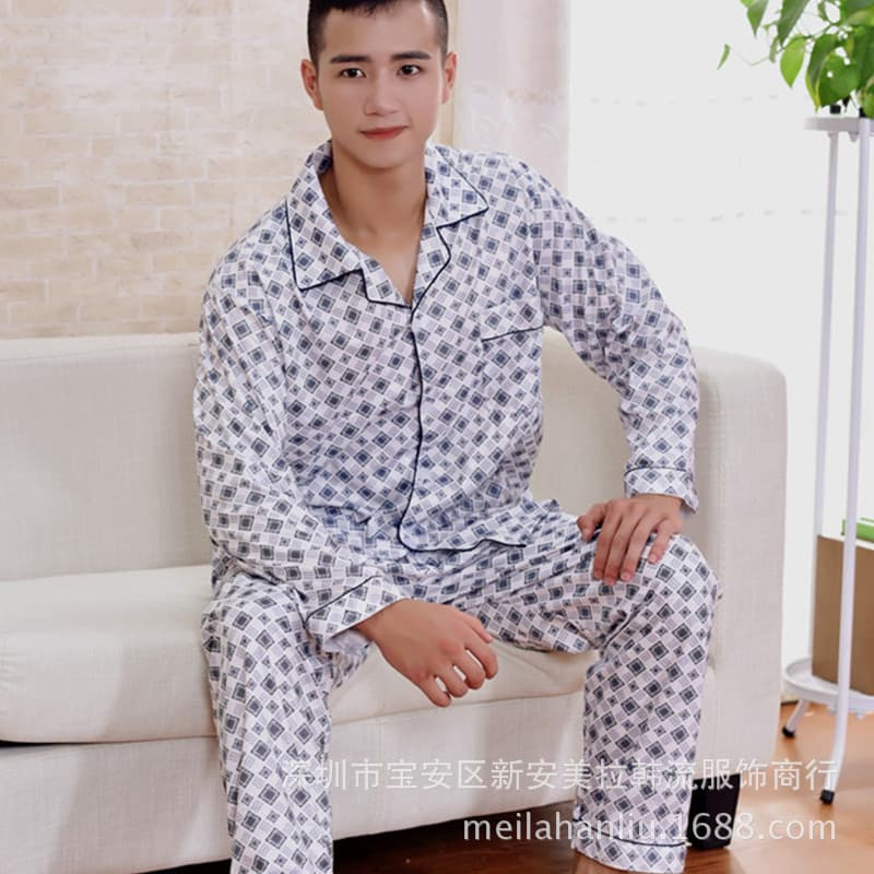 Men's Plus Size Spring/Autumn Cotton Long-Sleeve Pajama Set, Thin Knitted Cardigan Homewear for Middle-Aged and Elderly