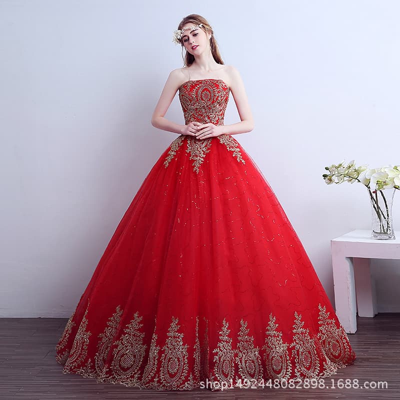 Wedding Dress Manufacturer: Red Floor-Length Wedding Dress with a Train, 2026 New Model, Slimming Strapless Fitted Plus-Size Floor-Length Dress