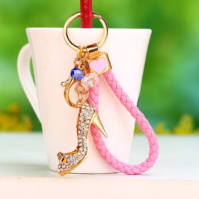 Braided Rhinestone High Heel Car Keychain, Korean Style Cute Creative Bag Charm Key Ring Small Gift