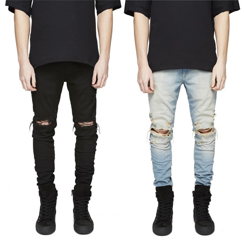 European and American Kanye West knee-high ripped jeans high street men's elastic slim-fitting pants trendy Jeans