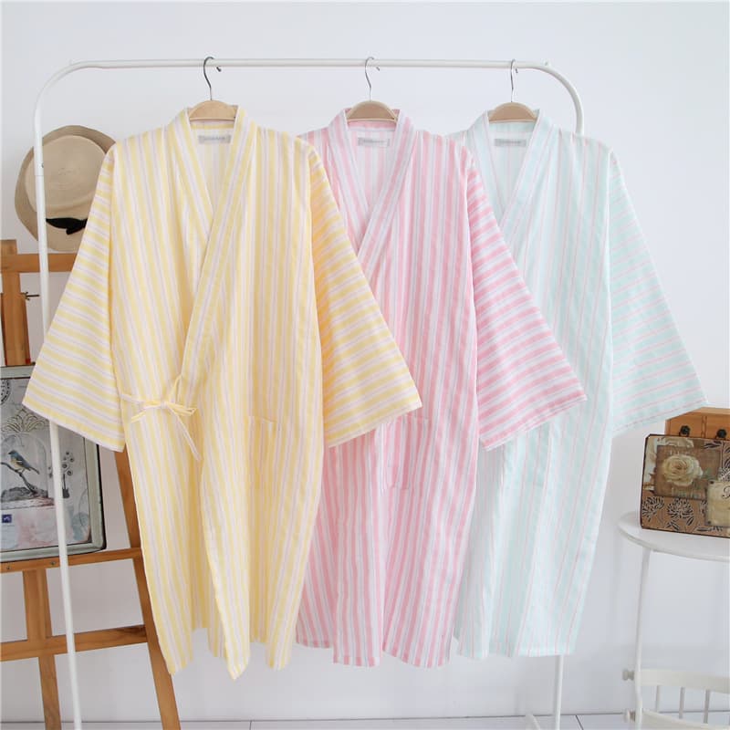 Washed Seersucker Gauze Women's Bathrobe, Plus Size Long Kimono Sleepwear, Soft Comfortable Summer Thin Nightgown