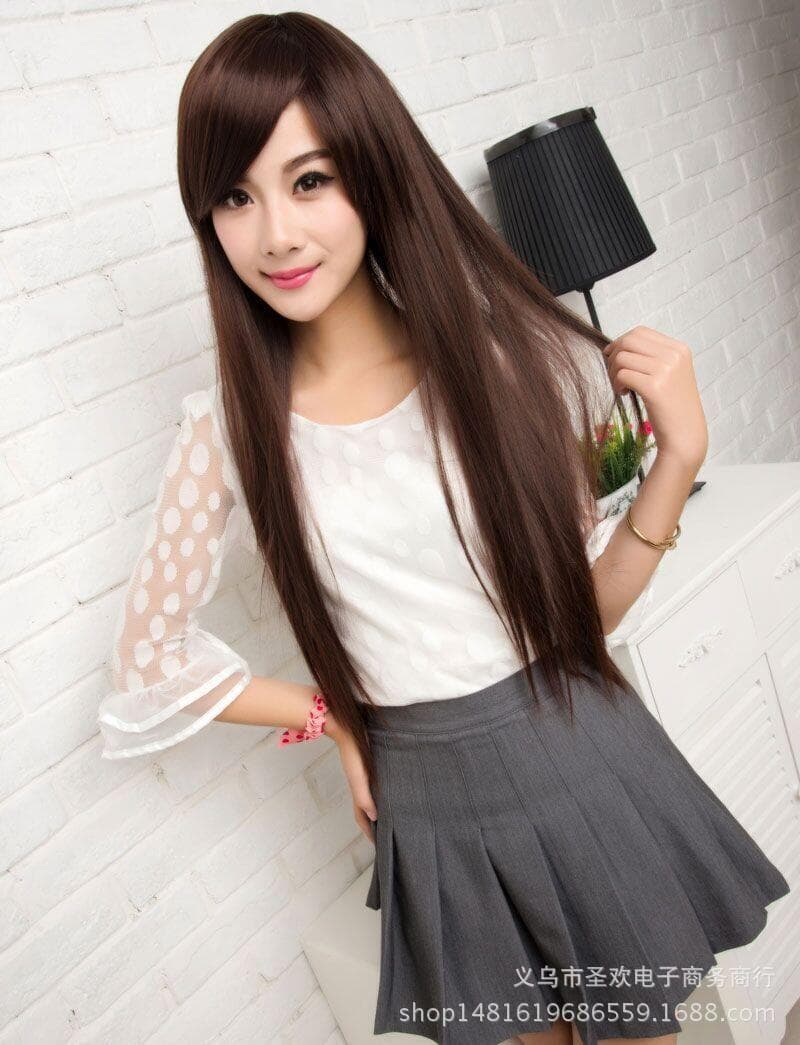 Yiwu wig women's oblique bangs long straight hair fashion realistic wig set temperament face repair straight hair Foreign trade Wholesale
