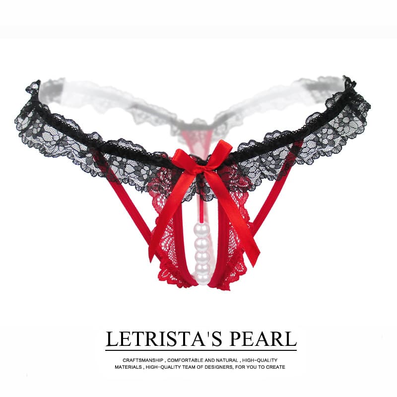 Sexy women's thong with hollow-out design, pearl massage function, open crotch, seductive lace, transparent elastic T-shirt. (2167)