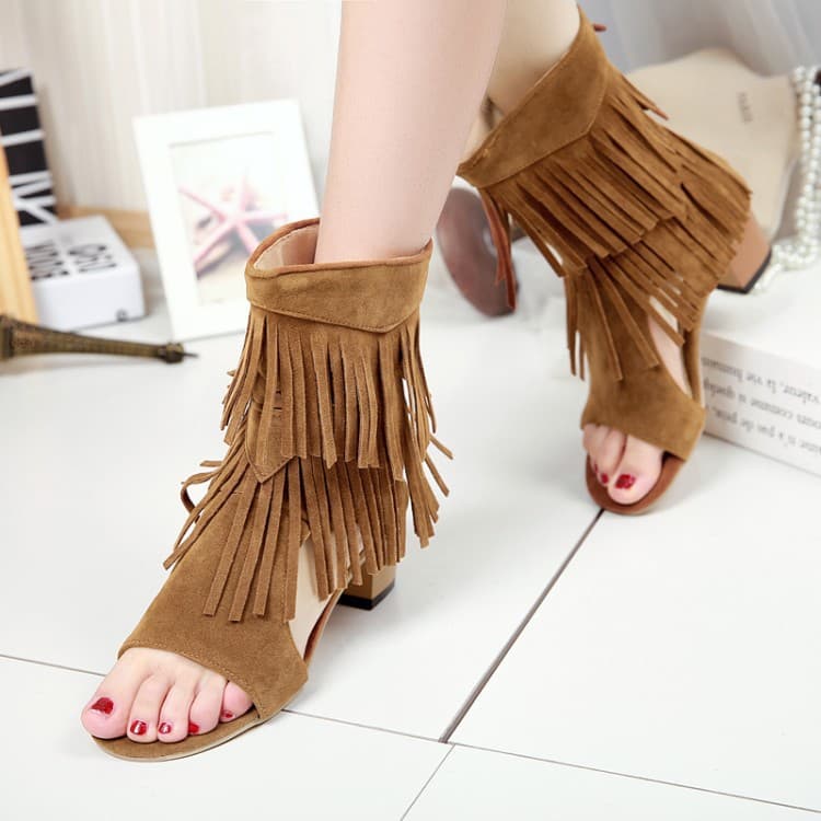 Factory Mid-Heel Wrap Heel High Tube Roman Sandals Cross-Border Supply European and American Tassel Women's Shoes New Style Chunky Heel Cool Boots Large Size