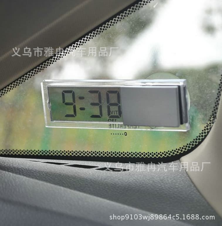 Suction cup-mounted car thermometer with transparent LCD display, electronic timekeeping function