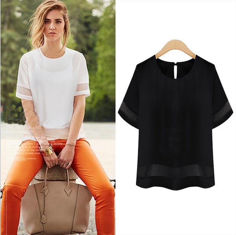 European and American Plus Size Women's Organza Chiffon Shirt Splicing Top Round Neck Slimming Look Short-sleeved T-shirt