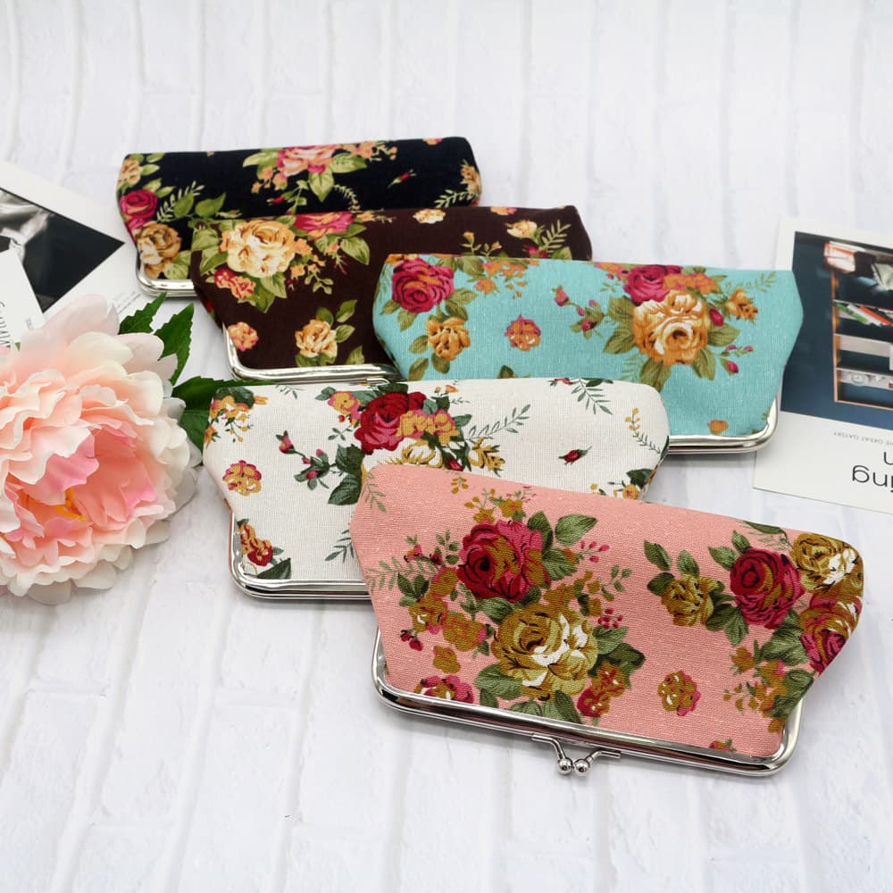 Canvas Rose Retro Long Wallet Women's Clutch Fabric Coin Purse Simple Kiss-Lock Bag Wholesale