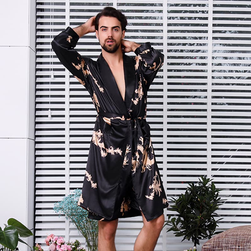 Long Sleeve Silk Pajamas Men's Summer Robe Ice Silk Home Clothes Large Size Dragon Robe Comfortable Breathable Men's Sleepwear