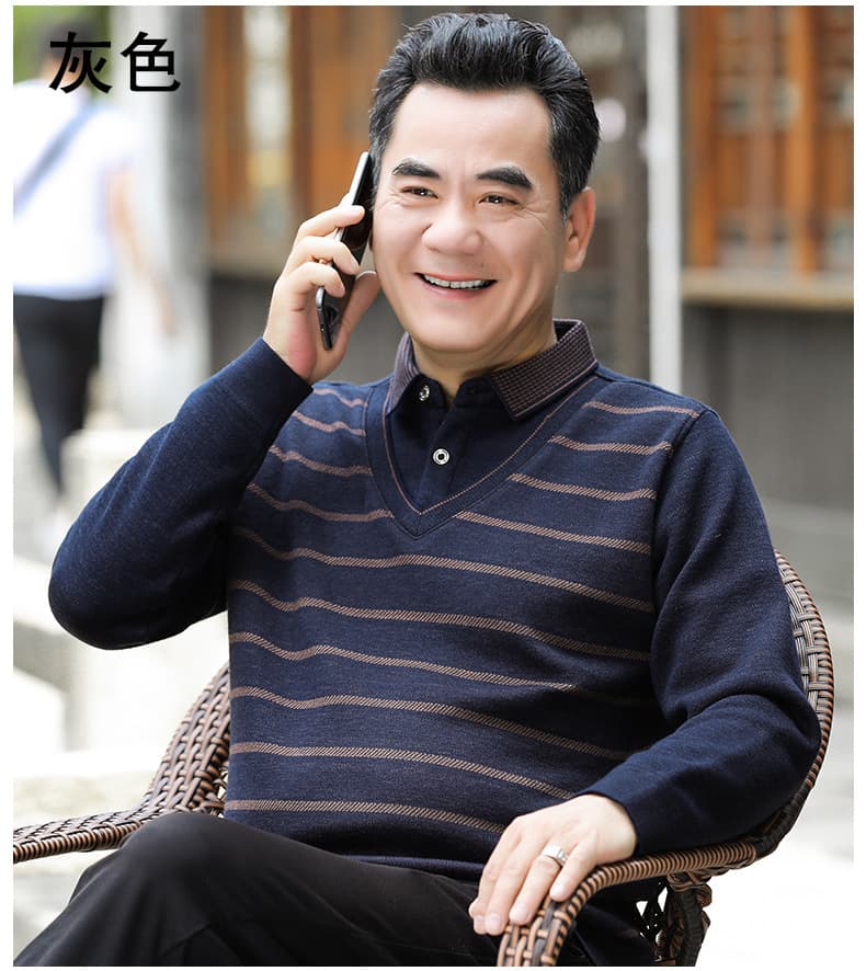 Men's Mid-Age Fleece-Lined Knitted Sweater, Thickened Fake Two-Piece Winter Wear for Dad