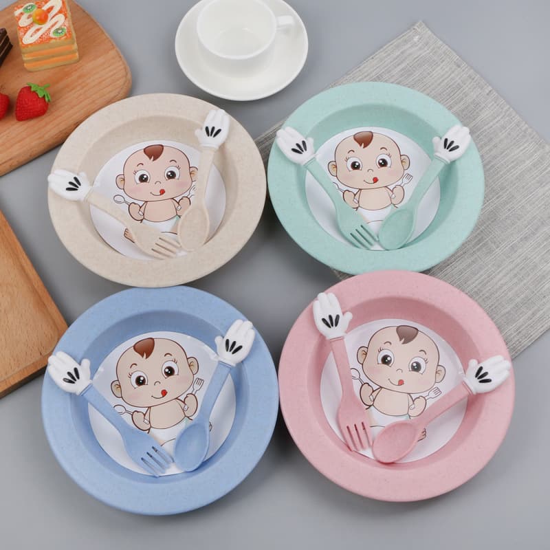 Creative children's tableware wheat straw cartoon Nordic tableware kindergarten children's bowl spoon fork three-piece set wholesale