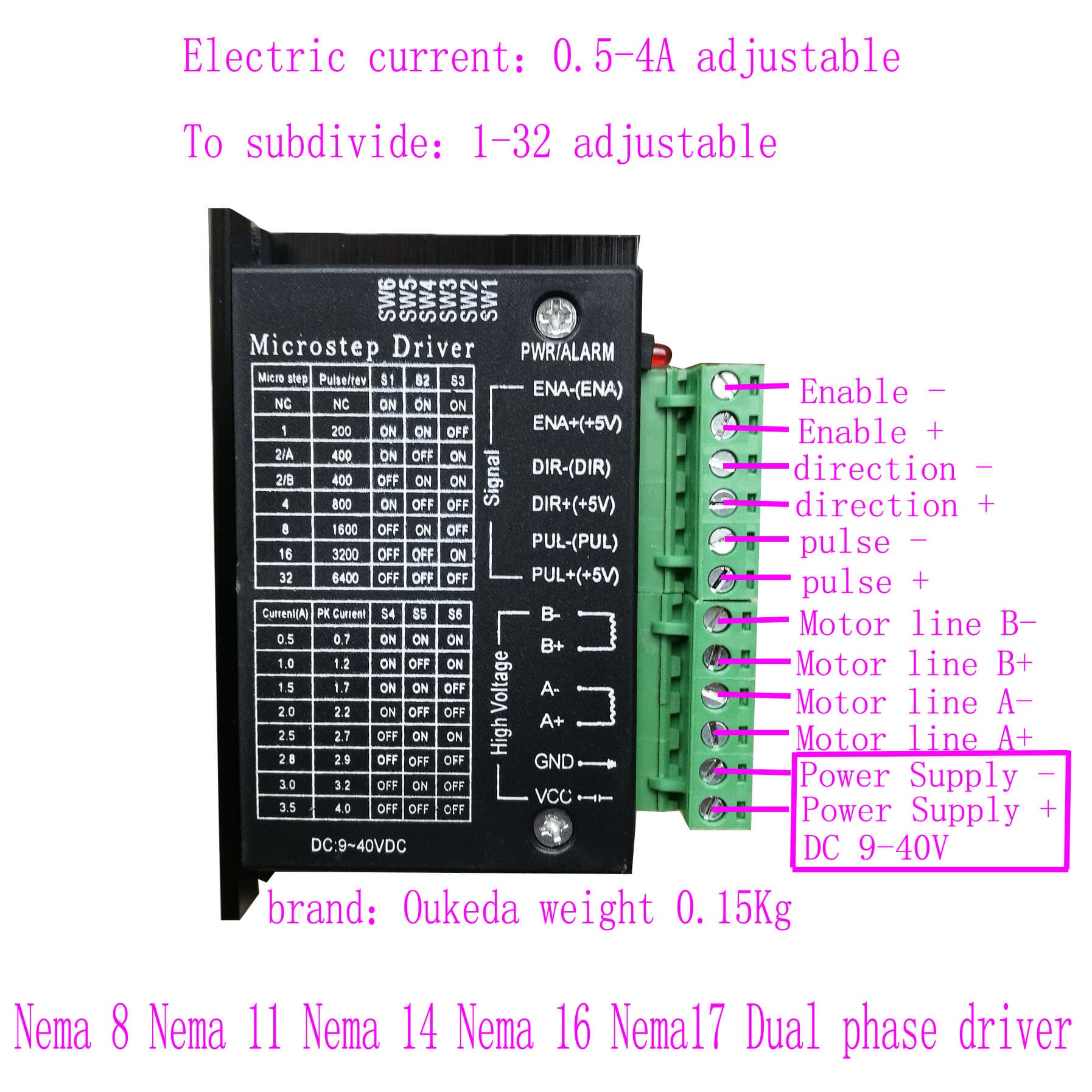 TB6600 28/35/39/42 Stepper Motor Driver 32 Microstepping 4A DC:9-40VDC
